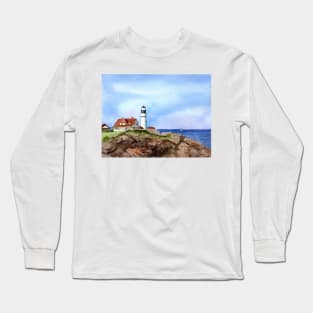 Portland Head Lighthhouse Fine Art Watercolor Painting Long Sleeve T-Shirt